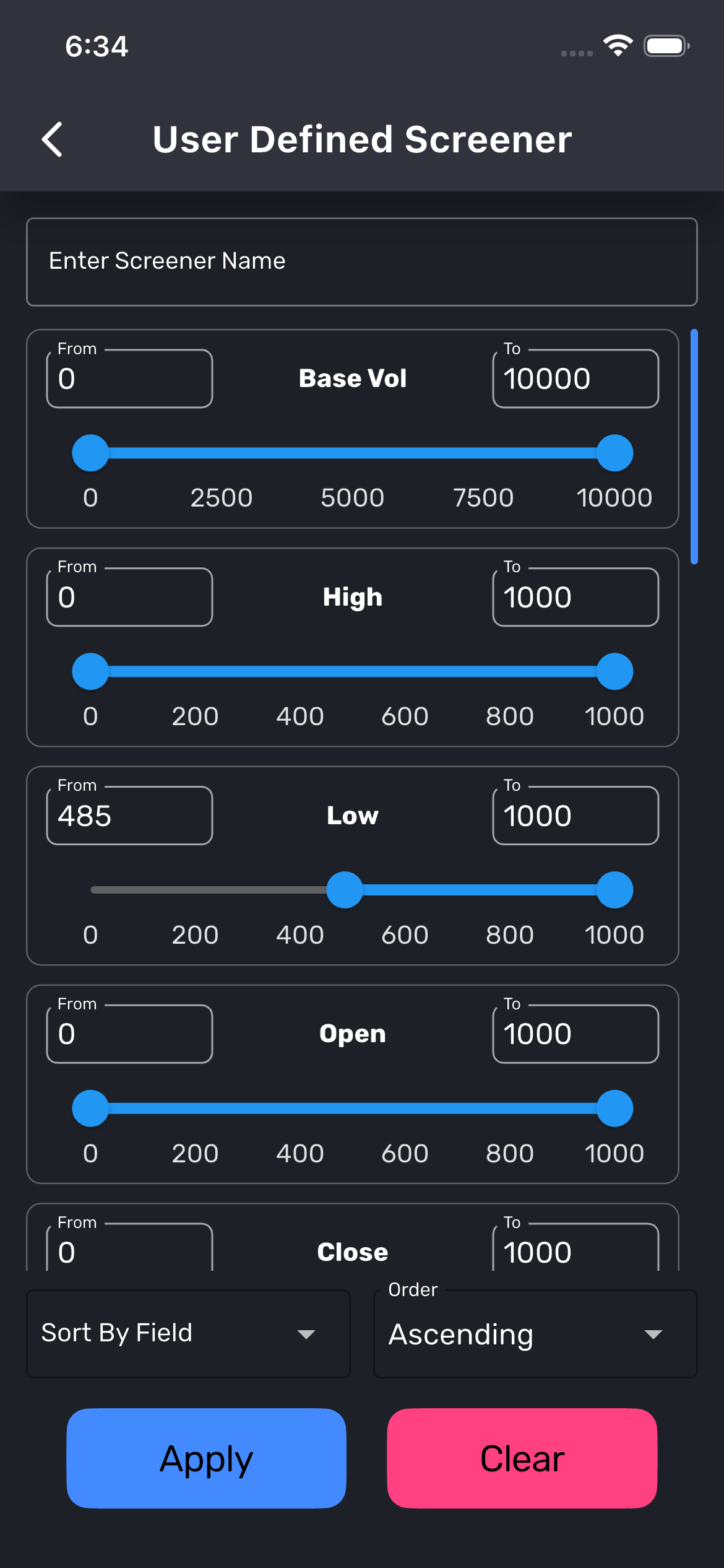 User Defined Screener